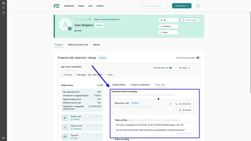 Screen showing the generated video call link with meeting details to share with a freelancer