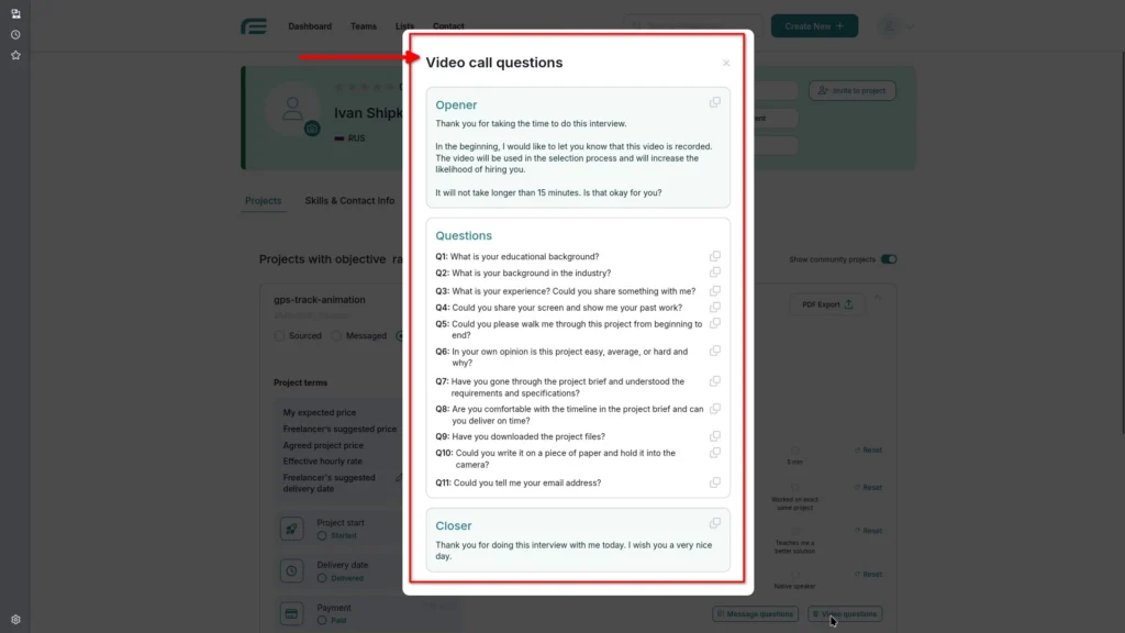 A list of pre-made interview questions to help the user guide video interviews