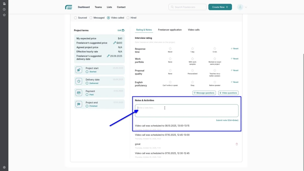 Notes section where the user enters personal impressions and details about freelancers