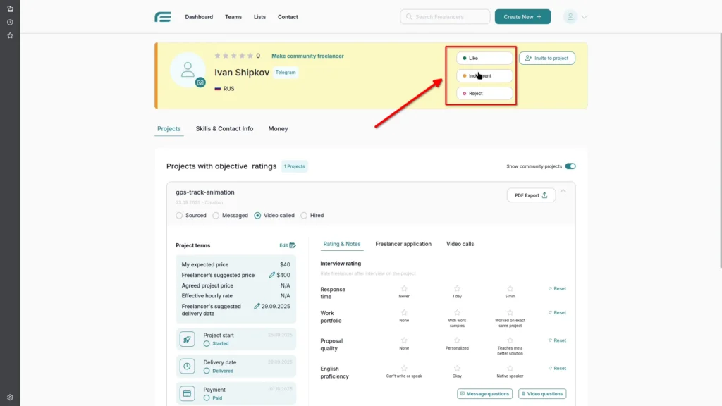 Interface for giving freelancers subjective ratings based on personal impressions