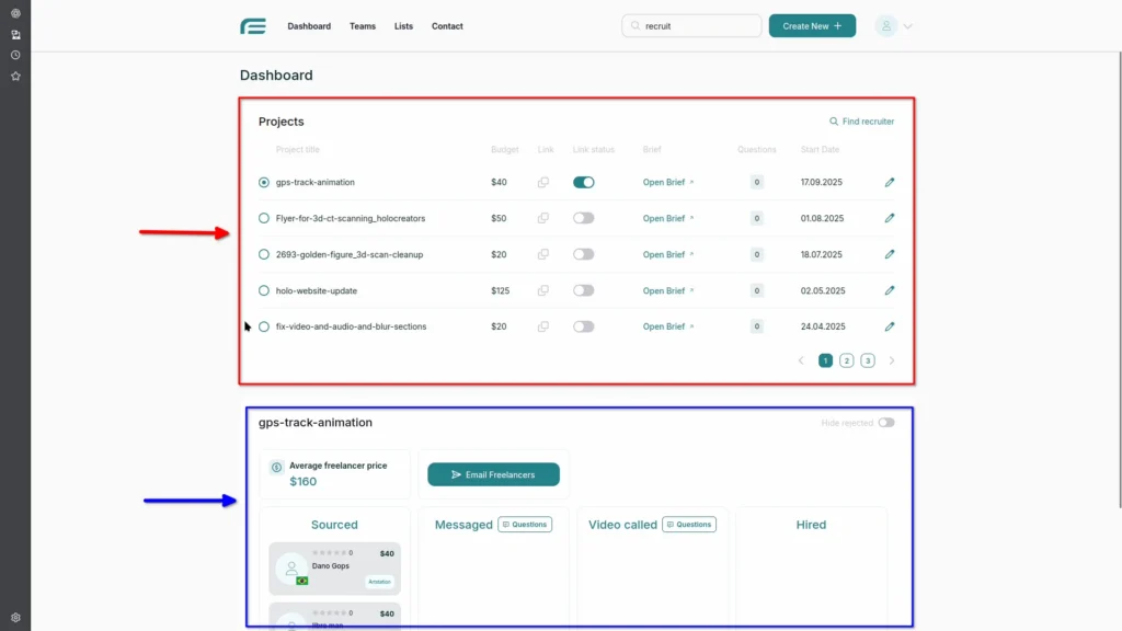 Freesoto dashboard showing all projects arranged in chronological order in the top with corresponding freelancers listed below