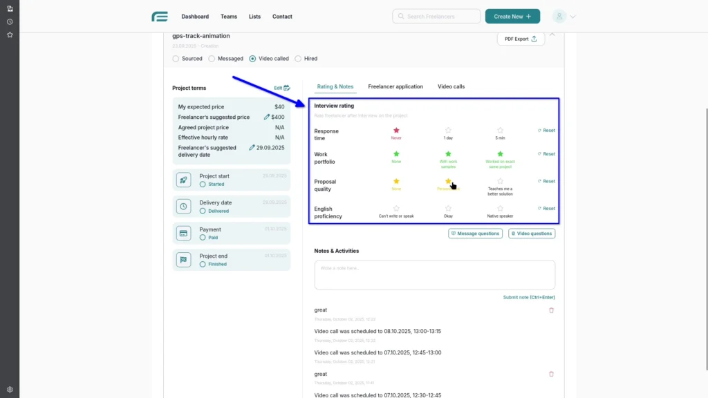 Interface for giving freelancers objective ratings based on measurable scores