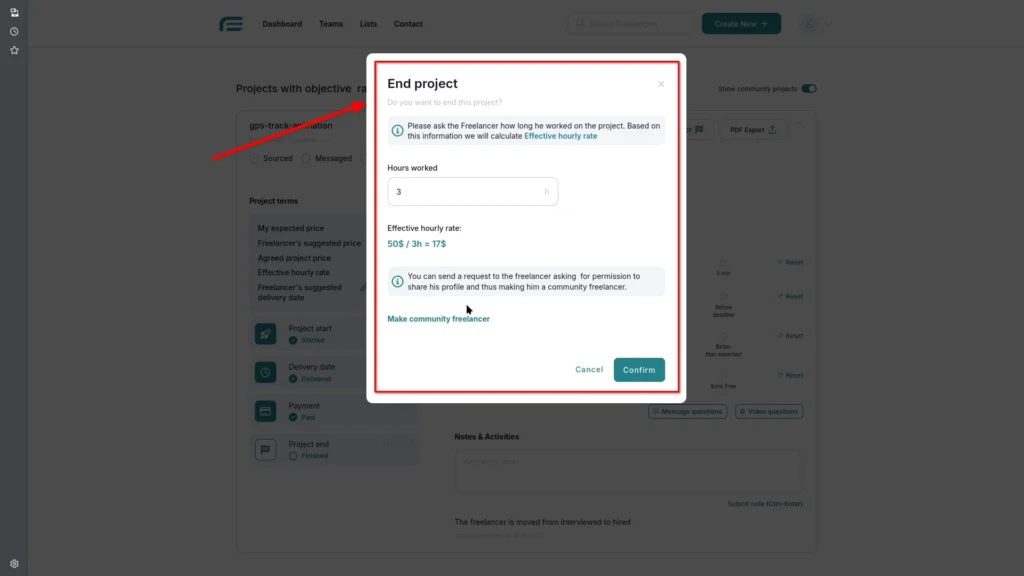 Confirmation window for ending a completed project in Freesoto
