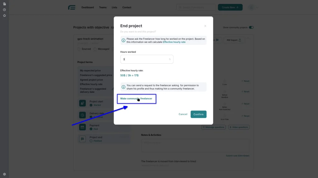 Button that promotes a hired freelancer to Community Freelancer status