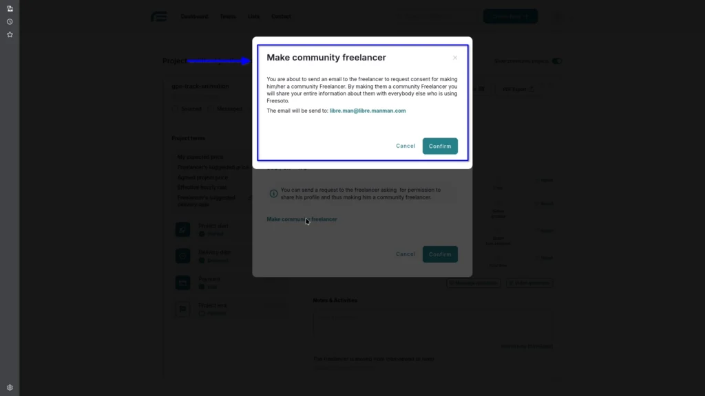 Window confirming that a freelancer will be shared with the Freesoto user community