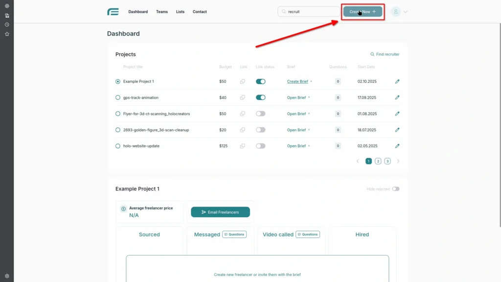 The Create New button at the top right of the Freesoto dashboard