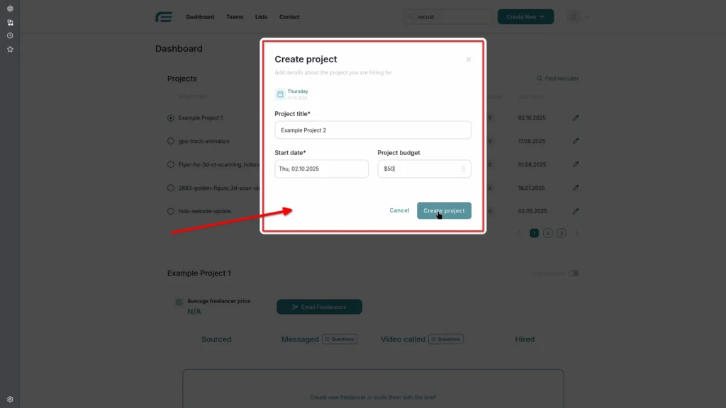 A pop-up window in Freesoto where the user enters a project name, start date, and budget