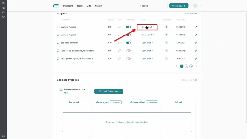 The Create Brief button located beside the project name