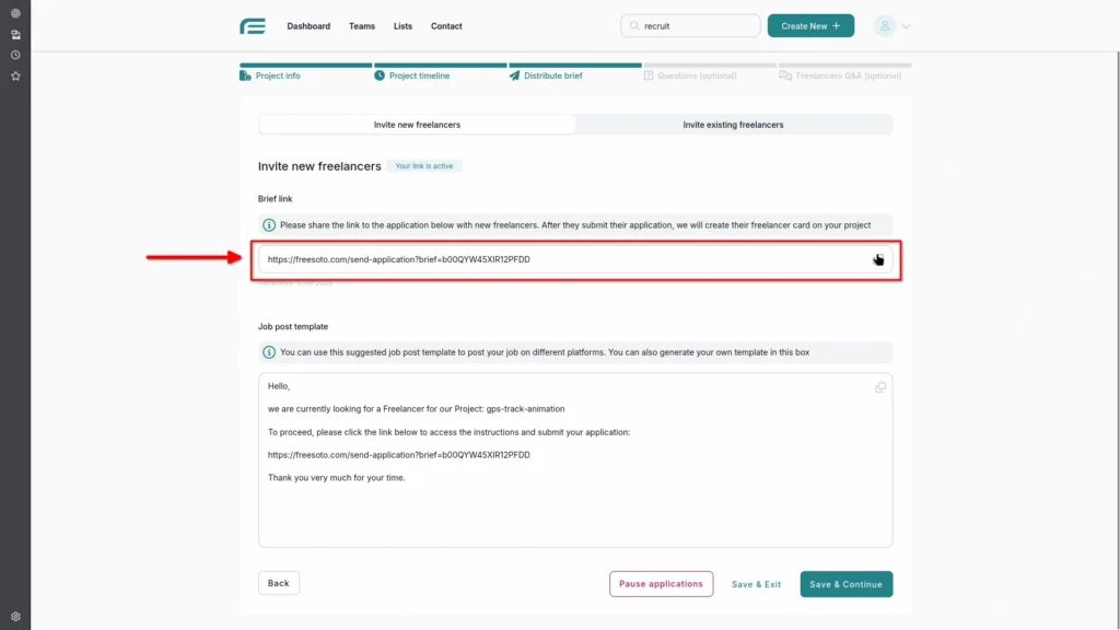 A screen showing a project brief link ready to be shared with freelancers