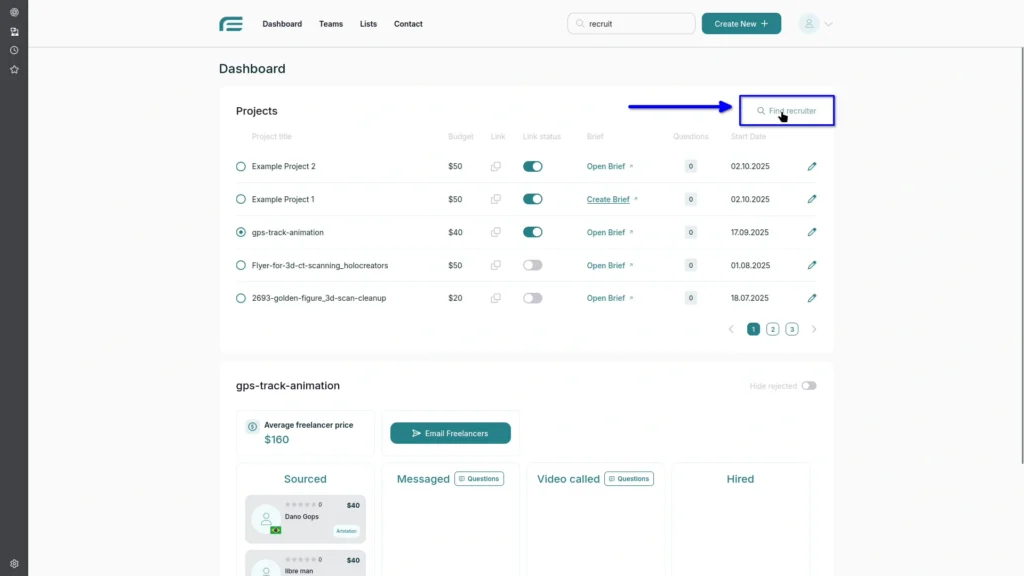 The Find Recruiter button in the top right corner for searching the Freesoto database of available recruiters
